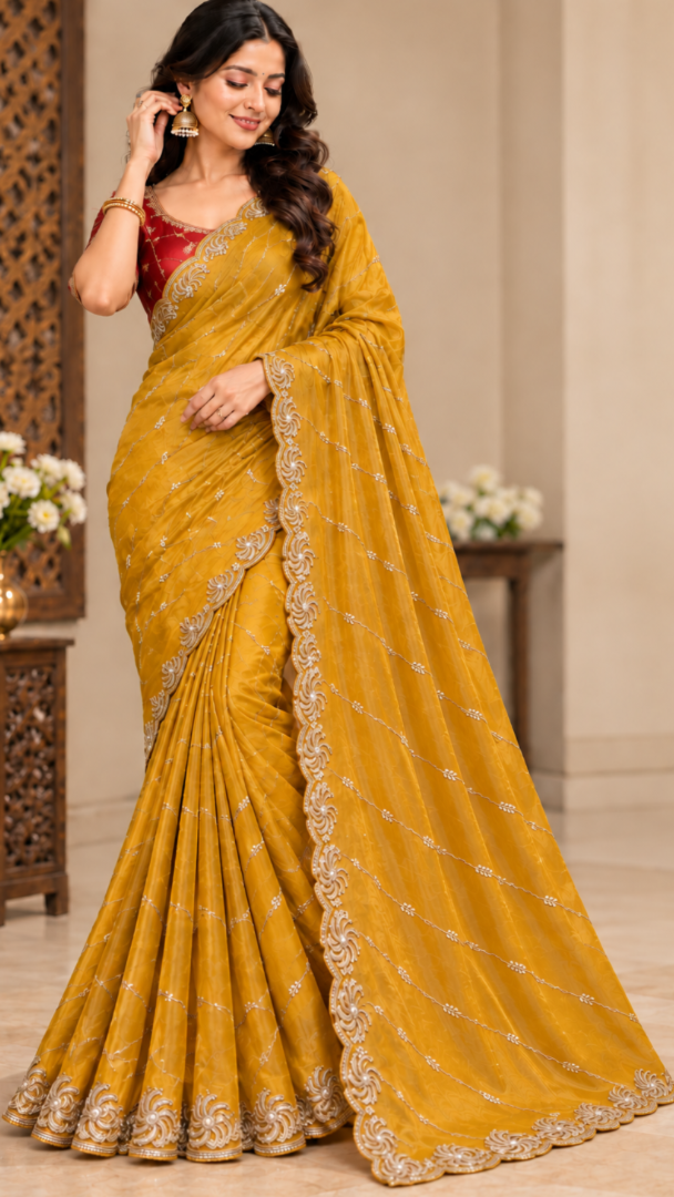 A woman models a mustard yellow saree with silver embroidered borders and a red blouse in an indoor setting with decorative wooden screens and tables.