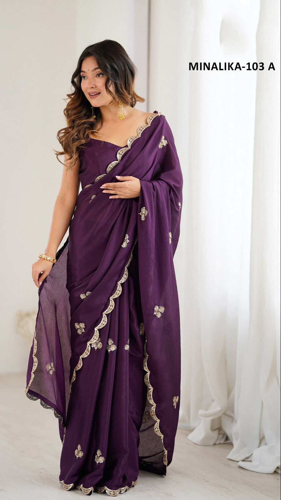 MINALIKA 103 A royal wine purple soft silk georgette saree with gotta patti border floral work party wear saree