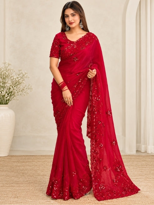 Party Wear Tulip Fandy Satin Saree with Heavy Beads & Sequins Work