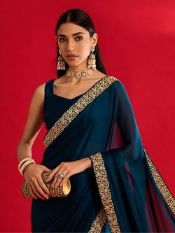 Premium Chiffon Silk Saree With Rich Antique Zari Border & Designer Blouse | KTM