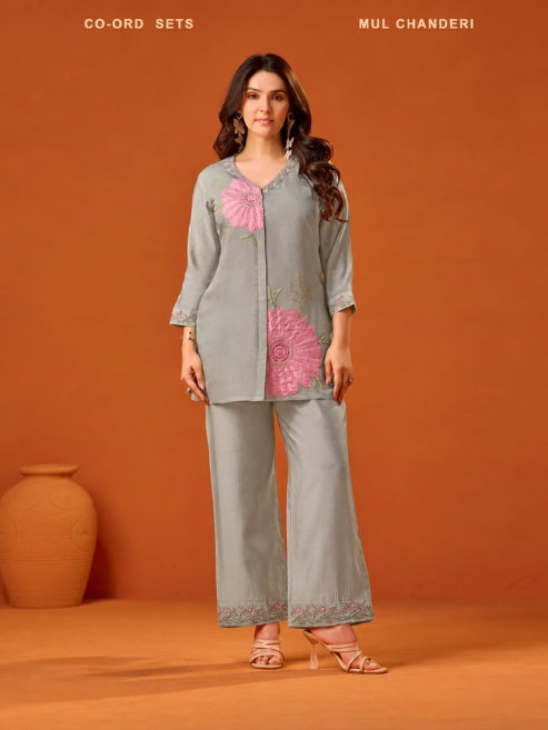 Premium Grey Mul Chanderi Co-Ord Set With Floral Embroidery Work | Elegant Designer Ethnic Outfit