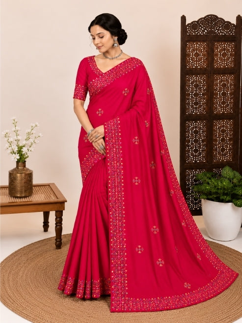 Premium Hand Embroidered Cotton Silk Saree with Multicolor Thread Work Border