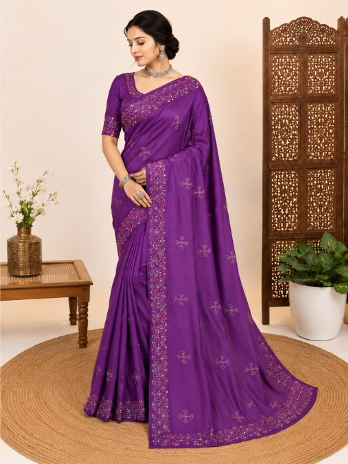 Premium Hand Embroidered Cotton Silk Saree with Multicolor Thread Work Border