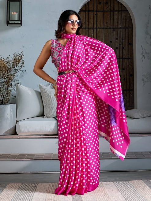 Premium Italian Silk Saree With Polka Dot & Floral Print Design