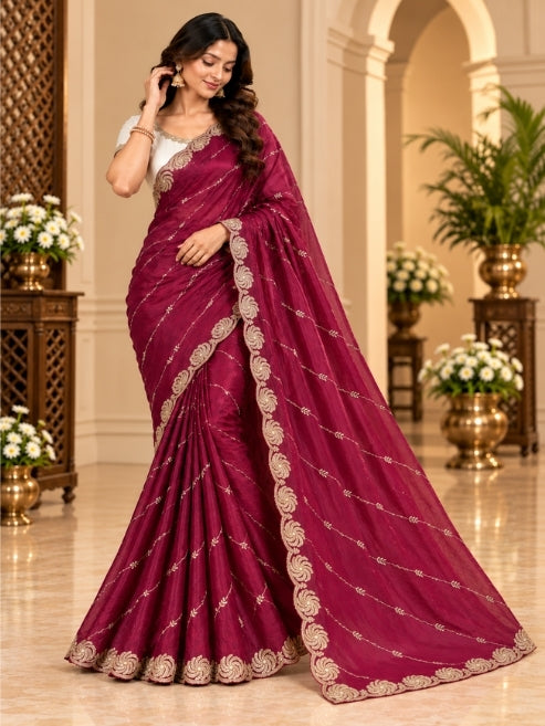 Premium Wine Maroon Embroidered Designer Saree