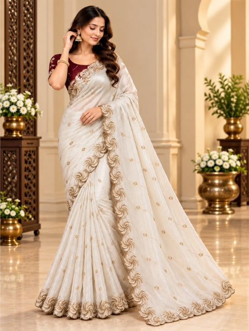 Premium Wine Maroon Embroidered Designer Saree