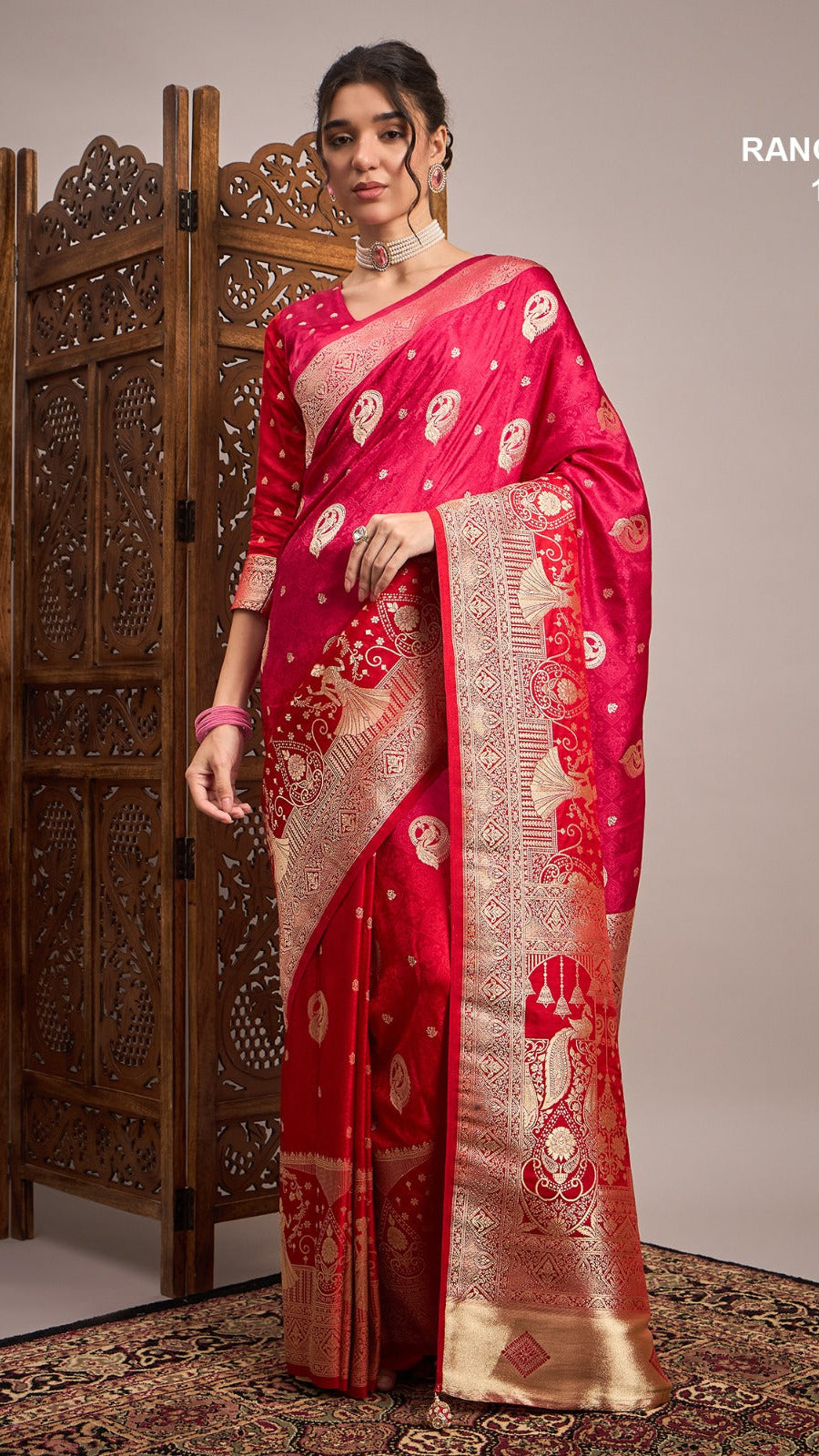 Double Shade Banarasi Saree In Rani Pink Red With Peacock Zari Design | Krishna Textile Market