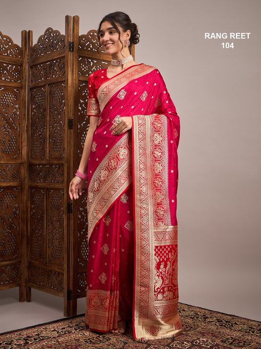 Bridal Style Double Shade Rani Pink Banarasi Saree With Heritage Floral Zari Border