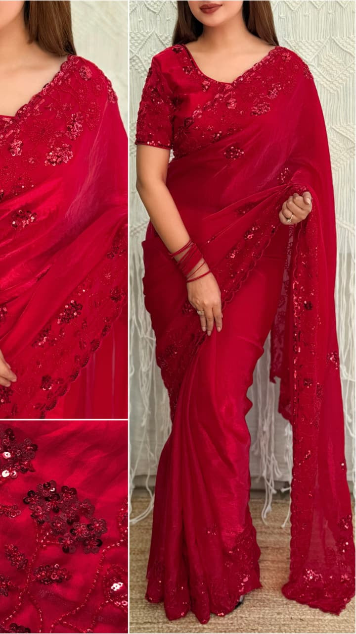 Party Wear Tulip Fandy Satin Saree with Heavy Beads & Sequins Work