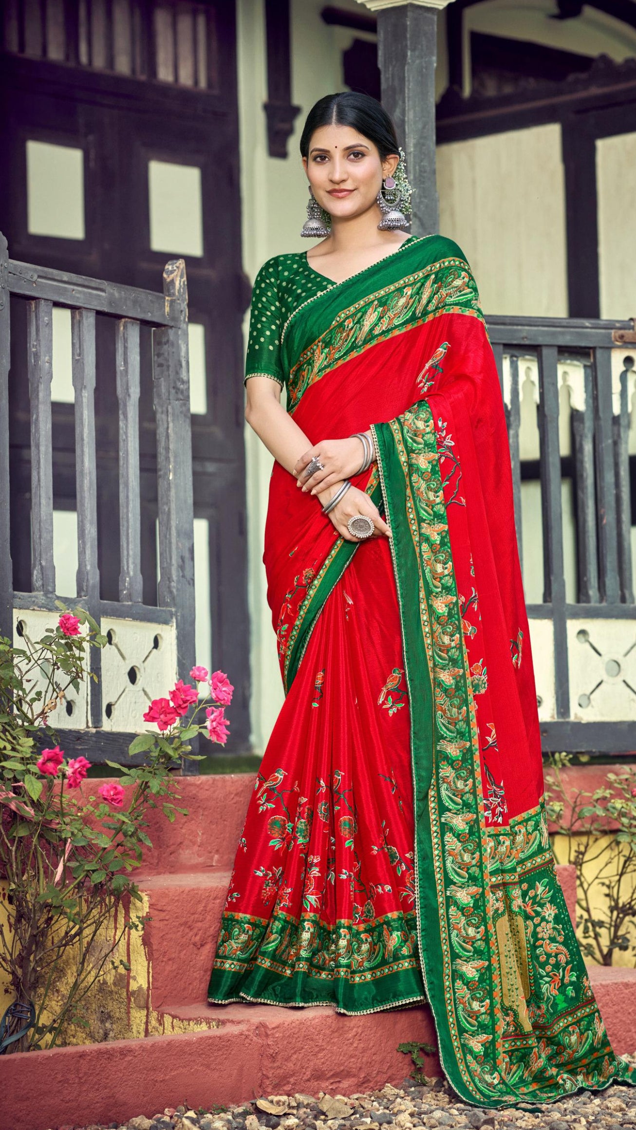 Ruby Red Synthetic Silk Saree with Emerald Green Printed Border