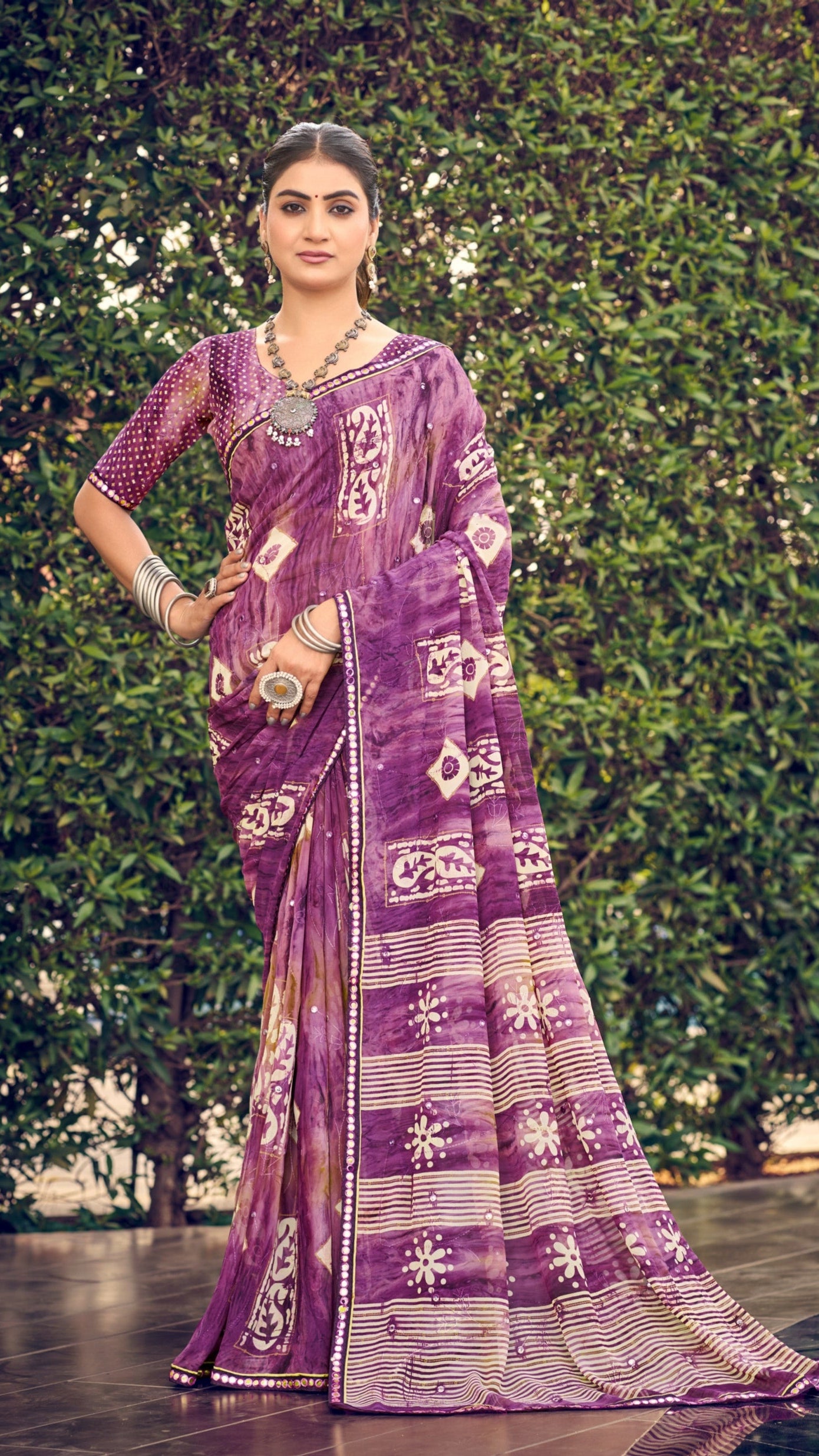 Royal purple traditional printed synthetic silk saree with foil mirror work border