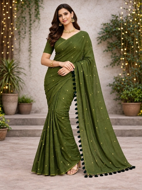 Rashmika Style Sitara  Linen Cottan  Saree 6.3m with Blouse for Fancy Look