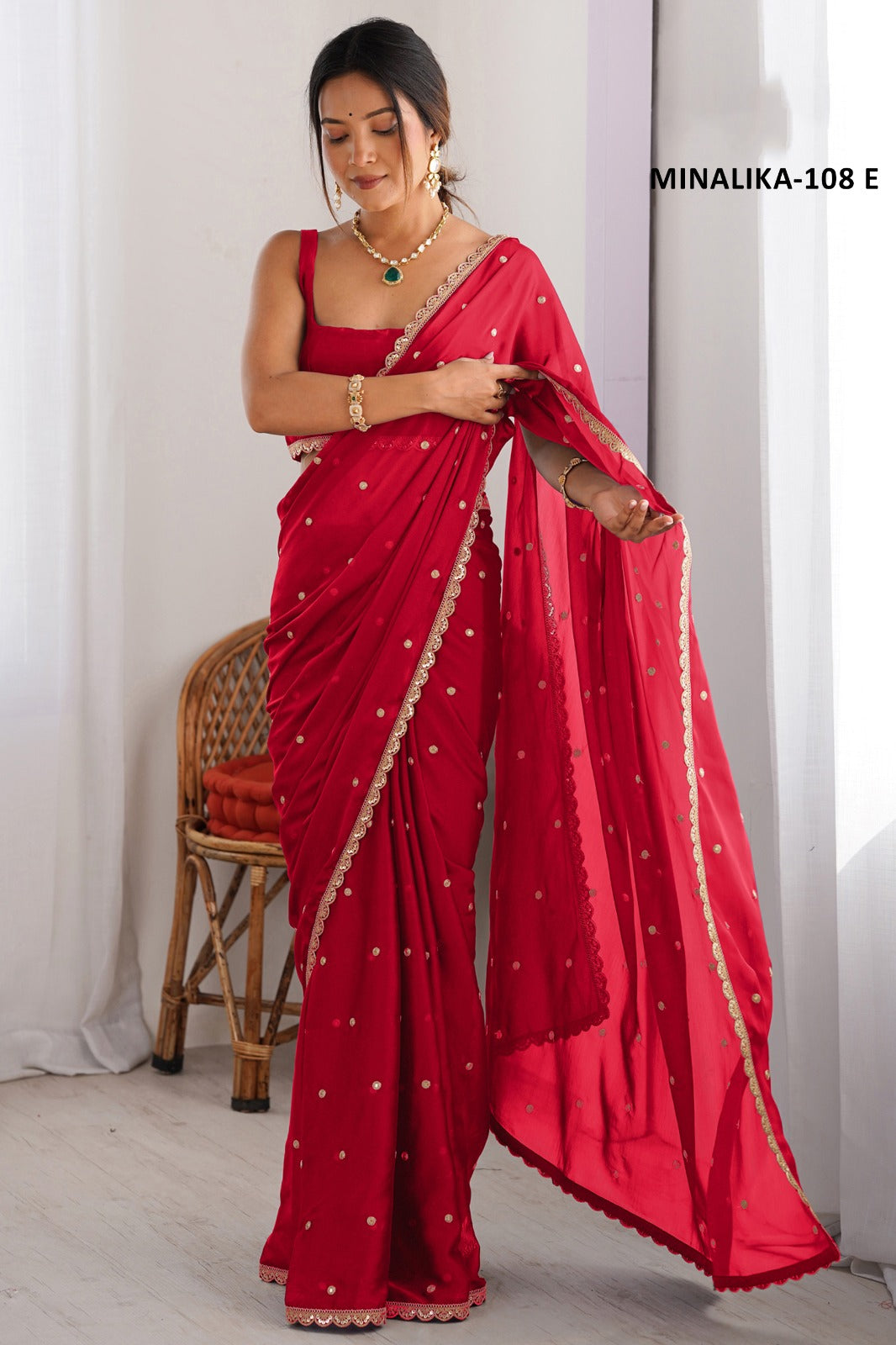 Ruby Red Soft Silk Georgette Saree with Golden Butti Work and Lace Border by Krishna Textile Market