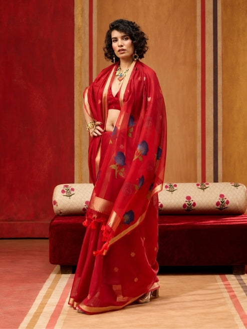 Spun Cotton Handloom Saree With Organza Meenakari Pallu & Zari Border