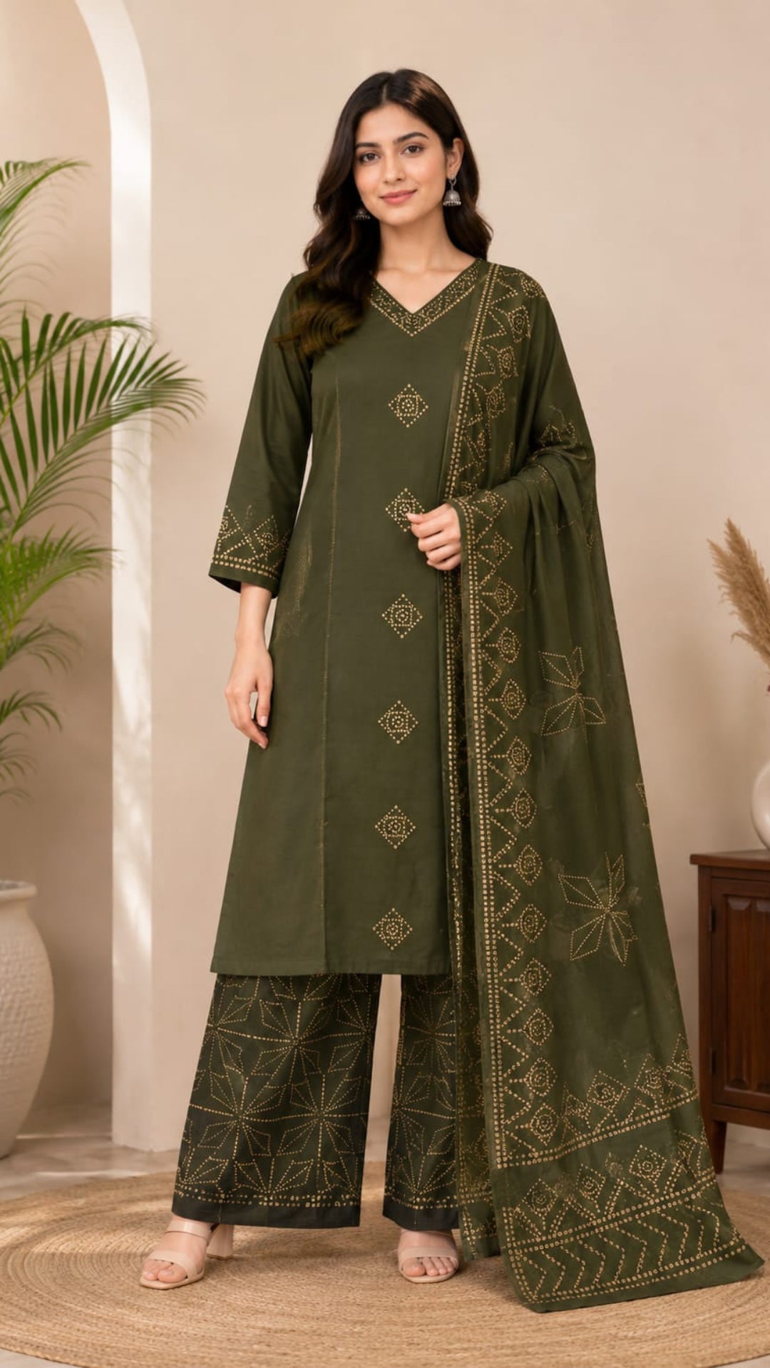 Women's Olive Green Cotton Blend Kurta Palazzo & Dupatta Set | Ethnic Printed 3 Piece Suit Set