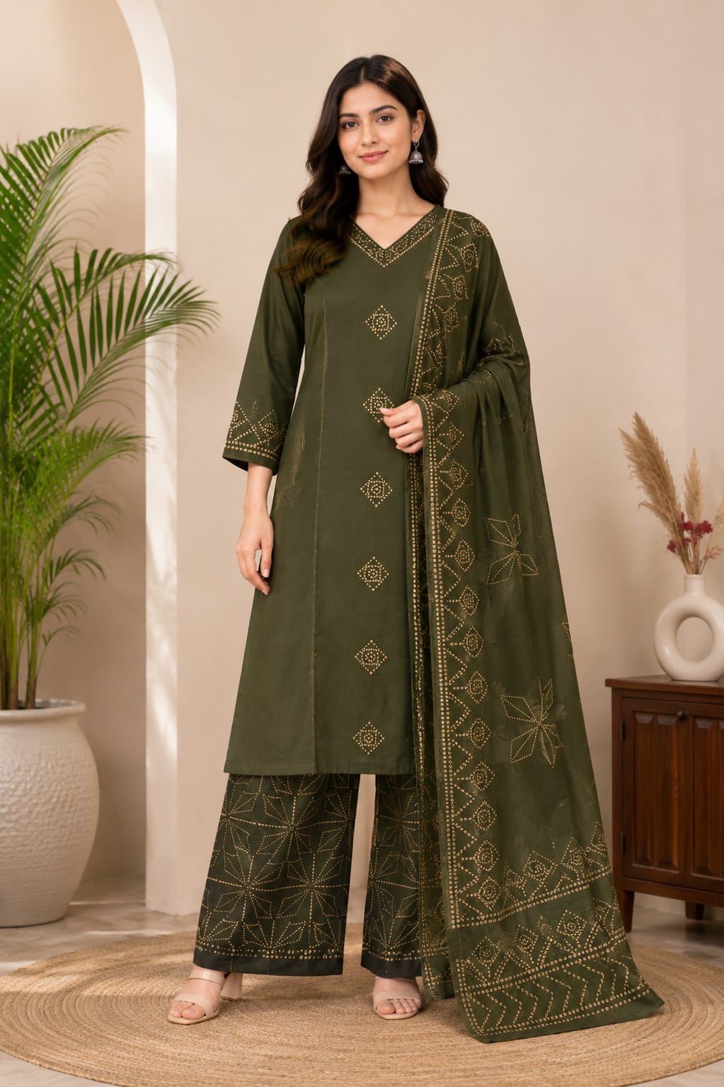 Women's Olive Green Cotton Blend Kurta Palazzo & Dupatta Set | Ethnic Printed 3 Piece Suit Set