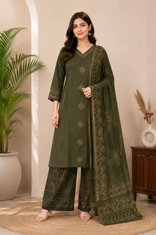 Women's Olive Green Cotton Blend Kurta Palazzo & Dupatta Set | Ethnic Printed 3 Piece Suit Set