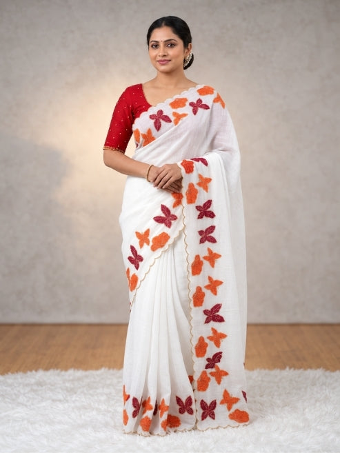 White Chiffon Butterfly Saree with Cutwork Border | KrishnaPooja Textiles