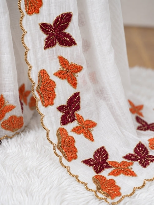 White Chiffon Butterfly Saree with Cutwork Border | KrishnaPooja Textiles
