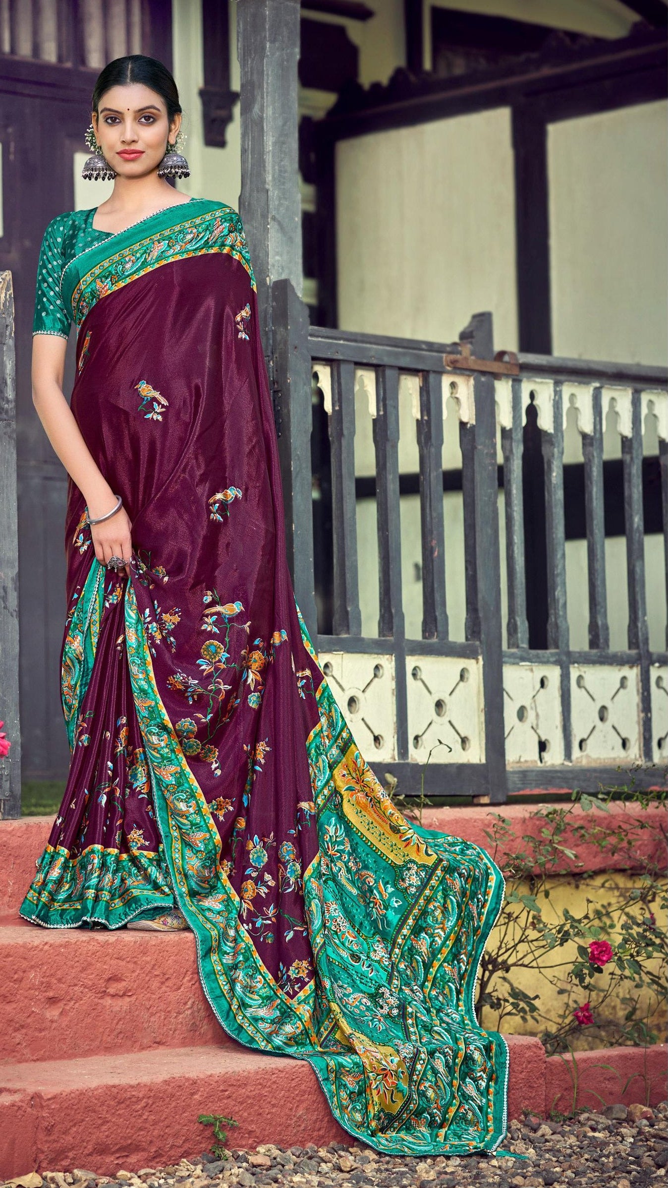 Wine Purple Synthetic Silk Saree with Peacock Border