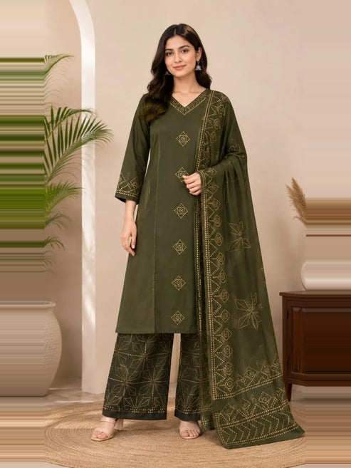 Women's Olive Green Cotton Blend Kurta Palazzo & Dupatta Set | Ethnic Printed 3 Piece Suit Set
