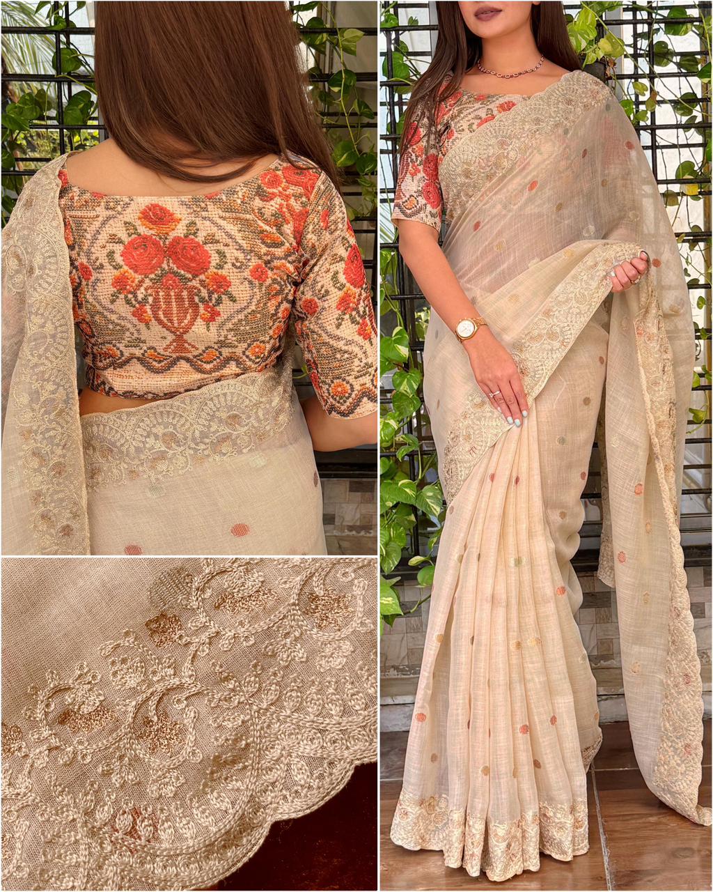 Designer Nayanthara Linen Cotton Saree with Embroidered Border