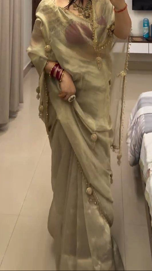 Designer Fandy Organza Saree with Jhumka Work Lace Border & Contrast Blouse