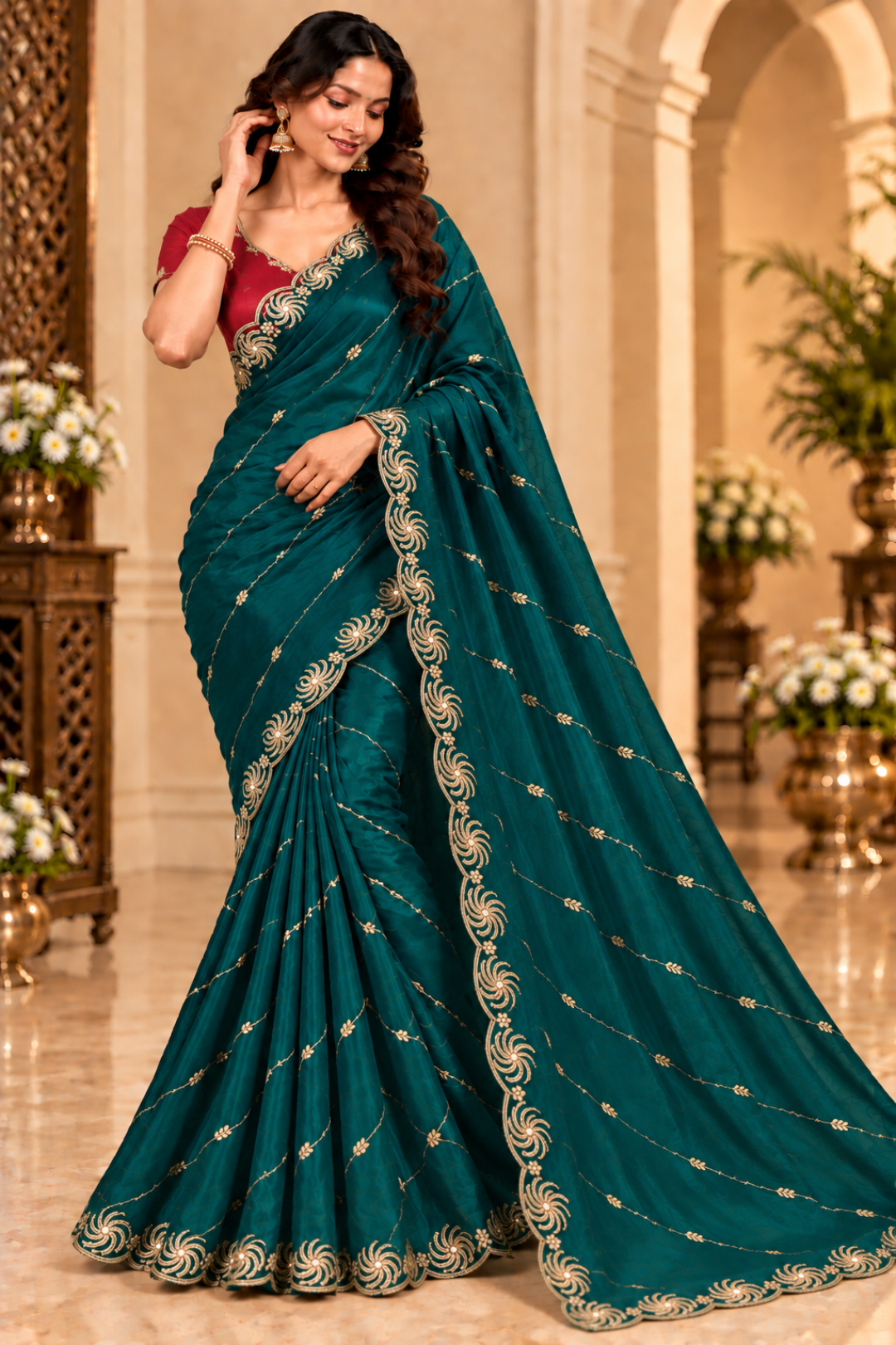 A woman models a teal green saree with gold zari embroidery and a red blouse in an elegant indoor setting with arches and floral arrangements.