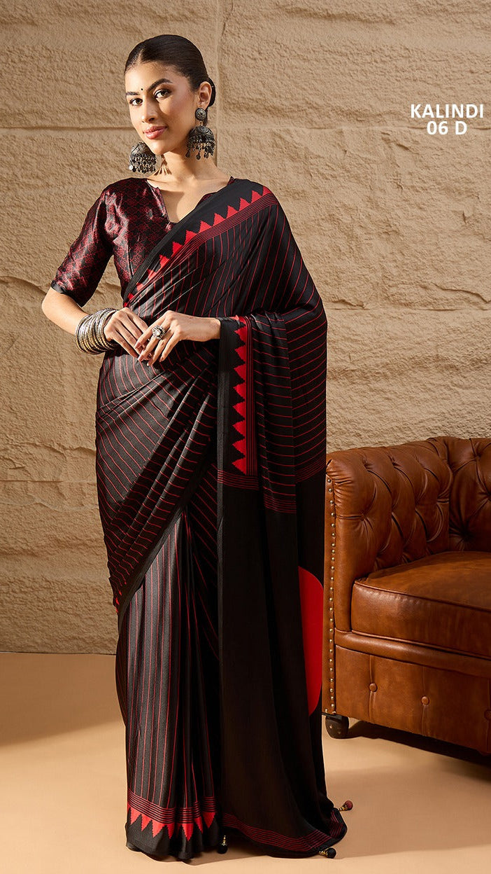 Black red striped Italian silk saree with lightweight satin finish and printed blouse