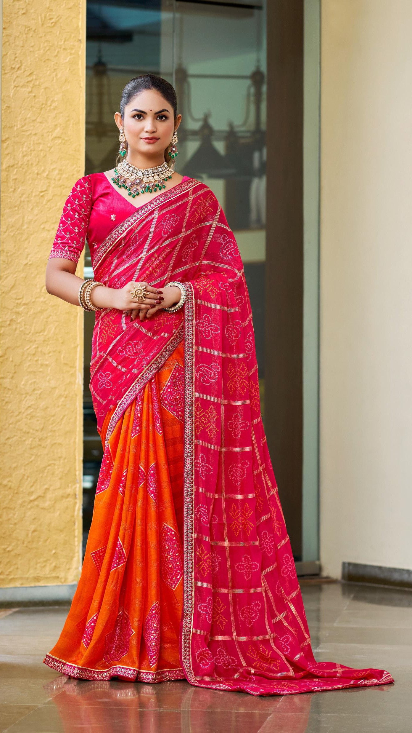 Hot pink orange printed office wear saree for women
