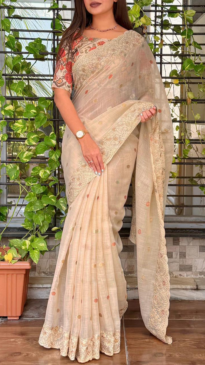 Designer Nayanthara Linen Cotton Saree with Embroidered Border
