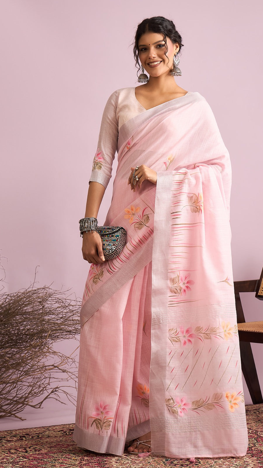 Baby pink floral printed linen cotton saree for office wear and summer styling