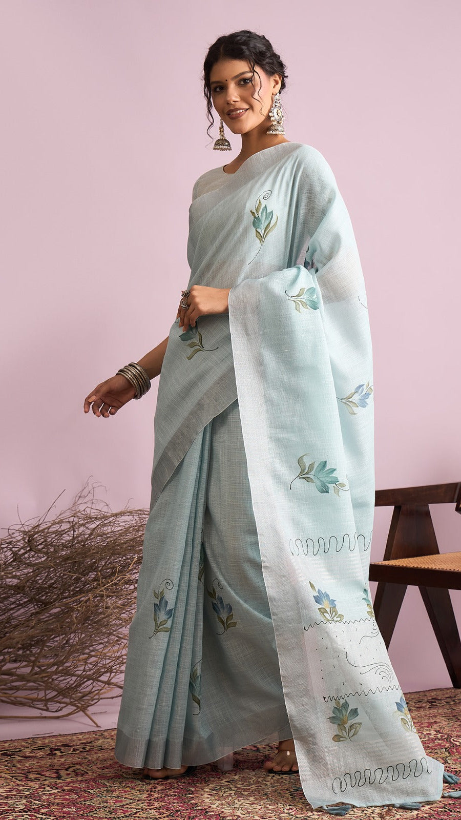 Ice blue linen cotton saree with floral printed pallu and running blouse