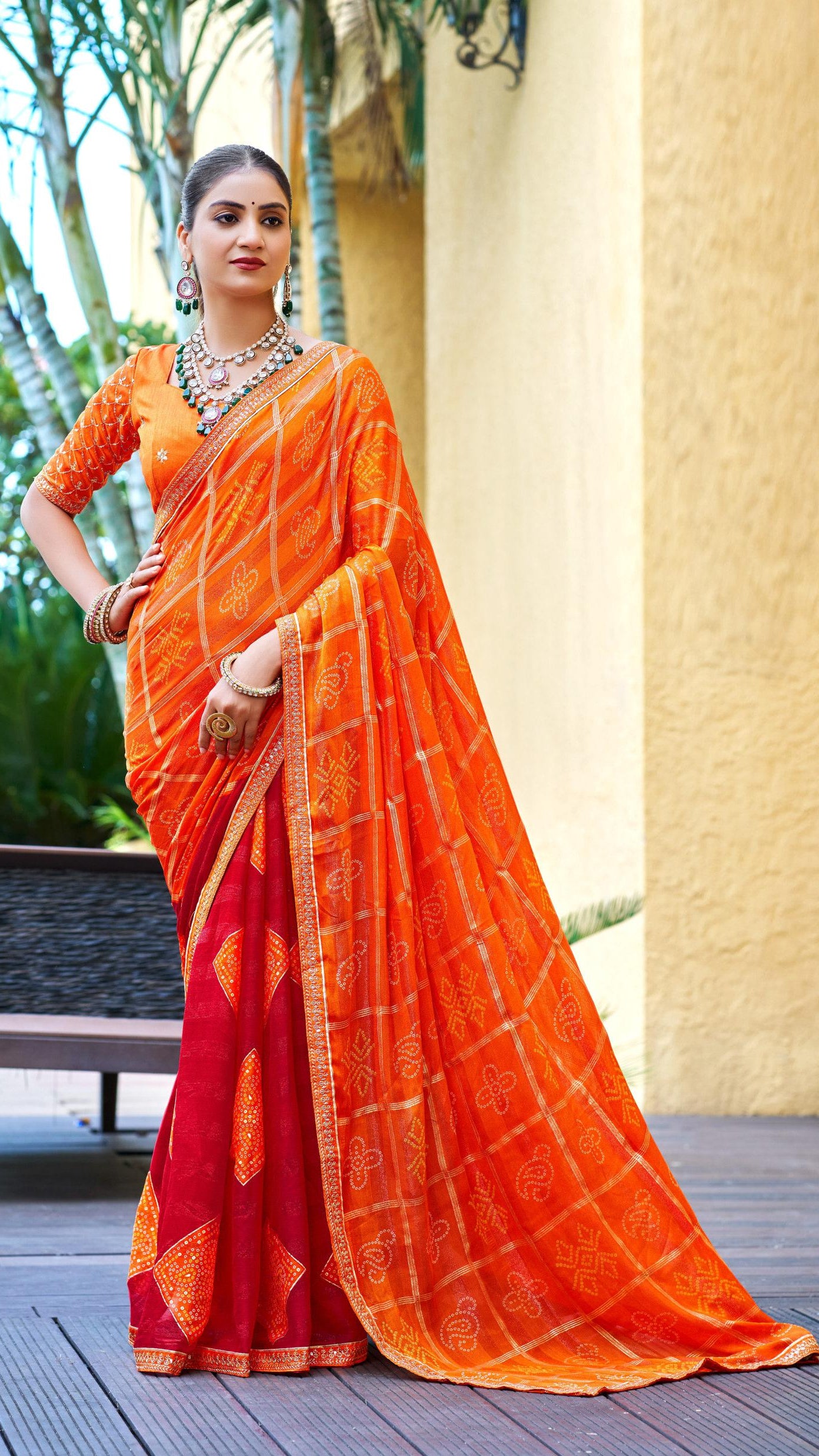 Orange pink premium printed synthetic silk office wear saree for women