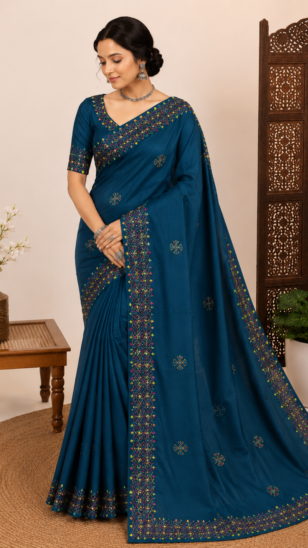 Woman wearing a blue saree with intricate designs in a room setting.