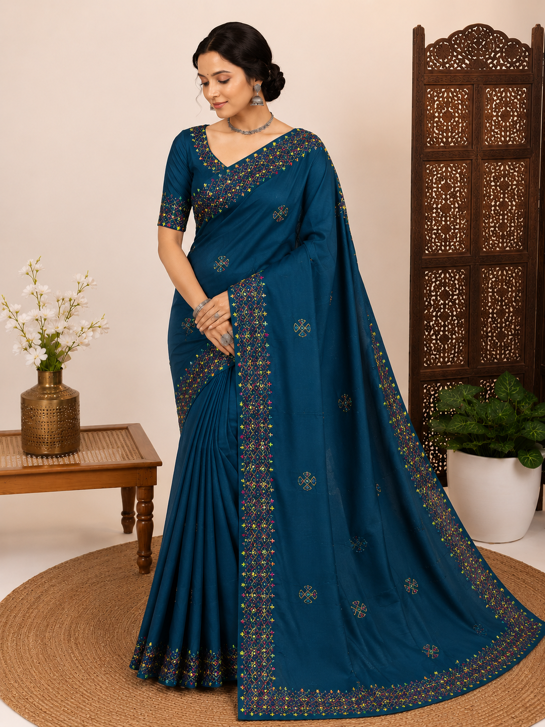 Woman wearing a blue saree with intricate designs in a room setting.