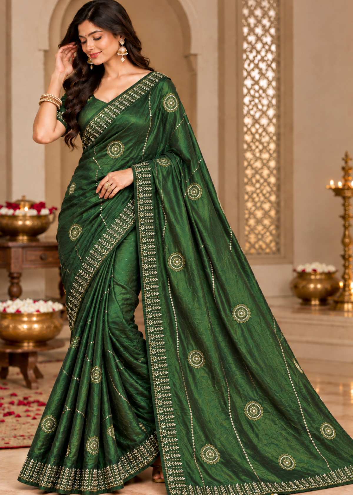 A woman models a dark green saree with intricate gold and silver zari embroidery, set against a warm, traditional Indian interior background with brass lamps and arches.