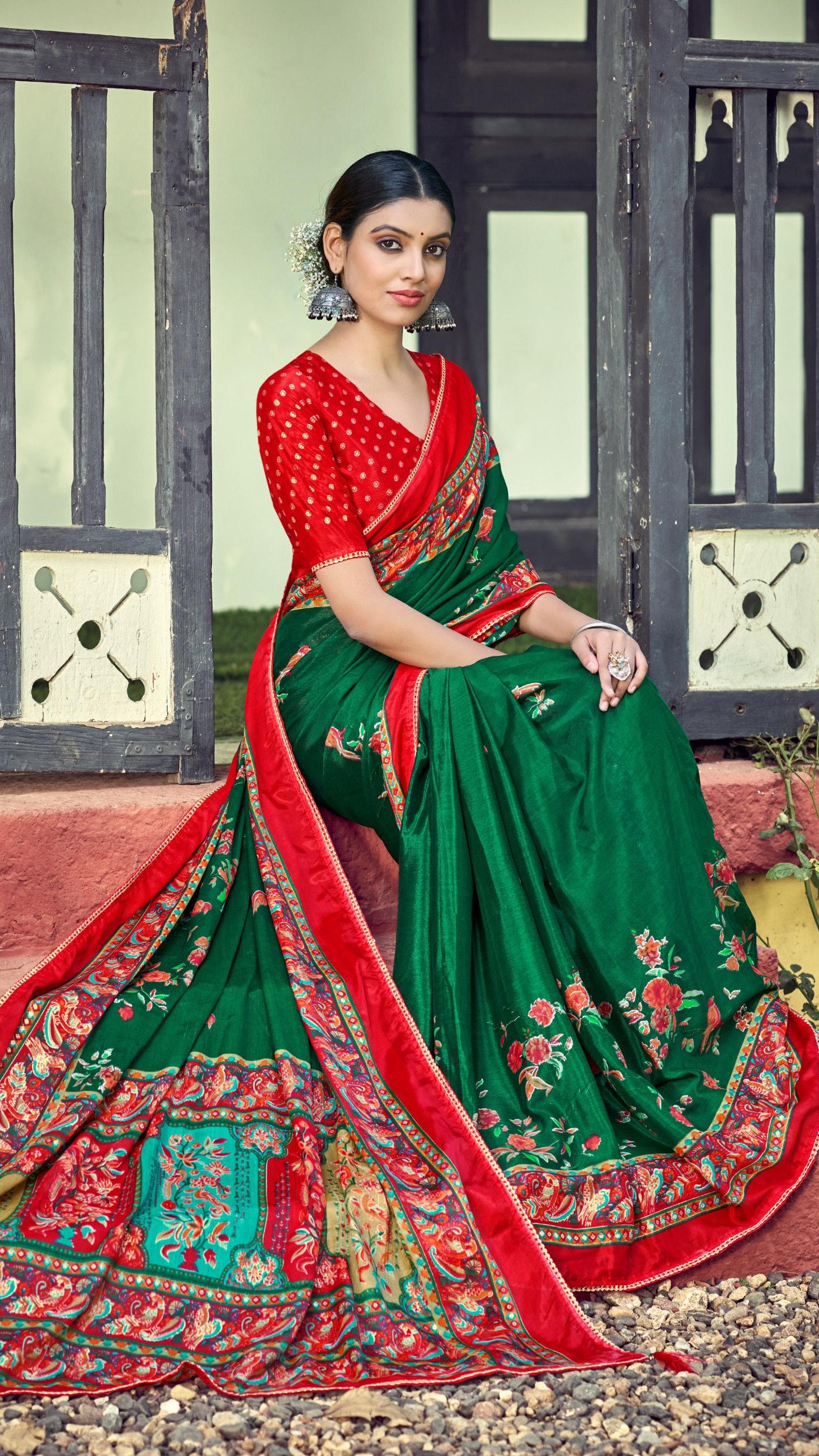 Bottle Green Traditional Synthetic Silk Saree with Red Border