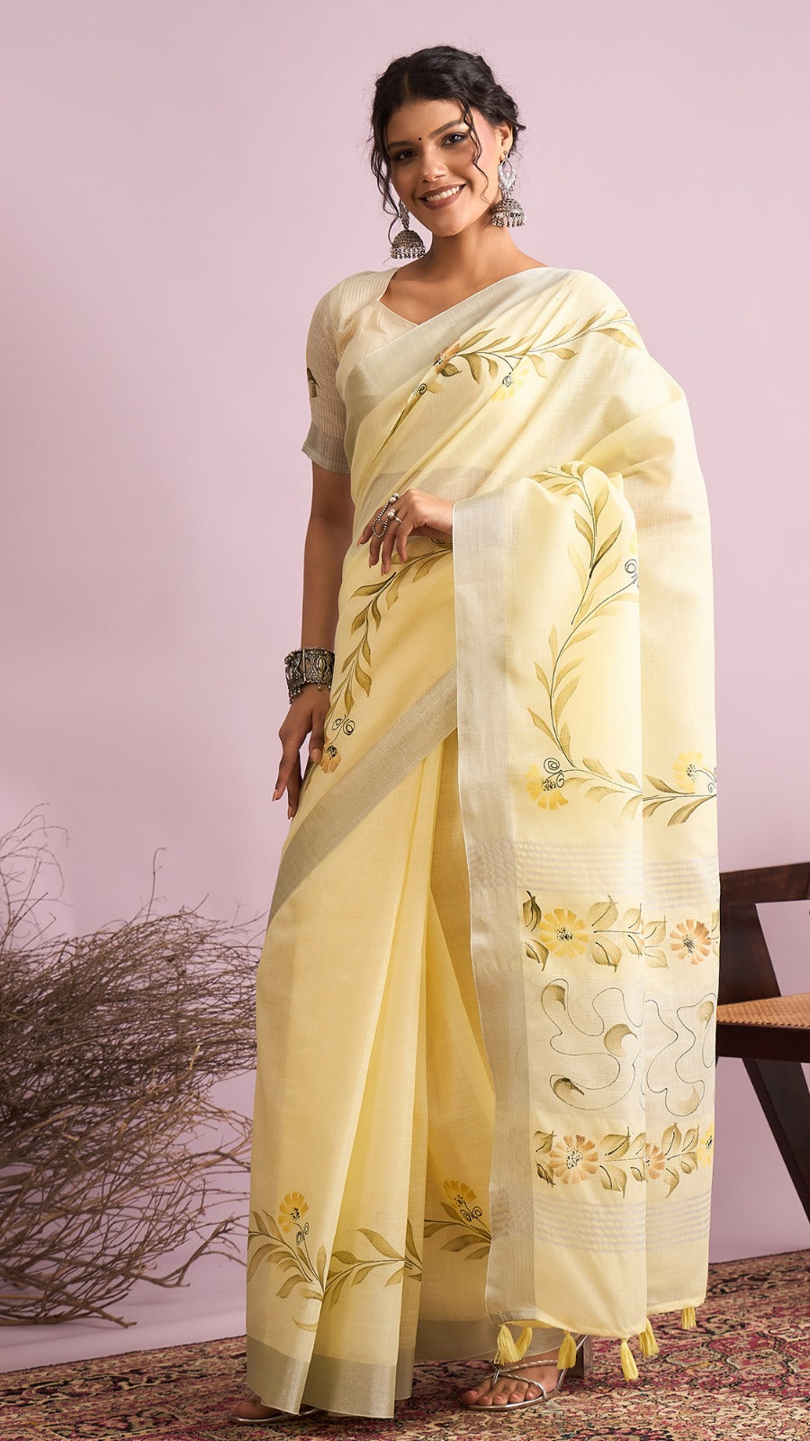Butter yellow linen cotton floral saree with woven border and printed pallu