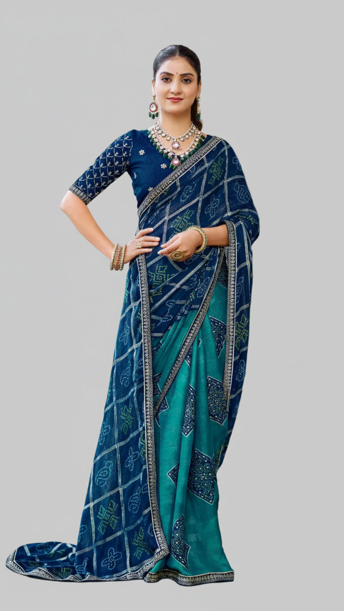 Navy blue teal synthetic silk printed saree for women