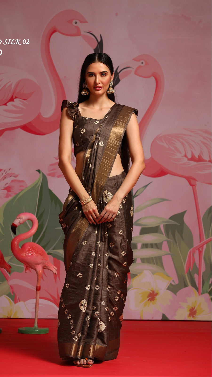Dark mocha cotton silk saree with golden woven pallu border and stylish ethnic printed design by Krishna Textile Market