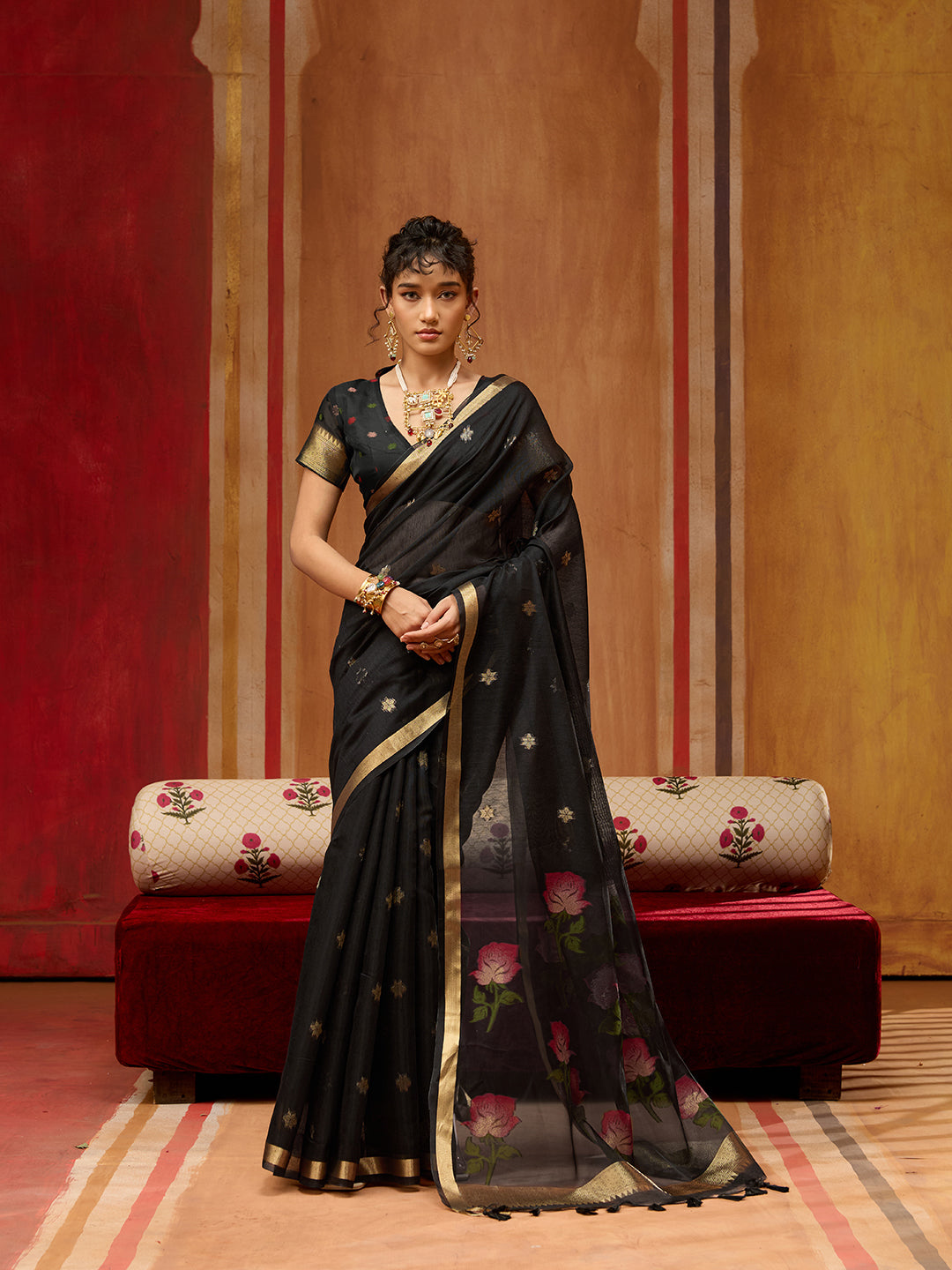 Spun Cotton Handloom Saree With Organza Meenakari Pallu & Zari Border