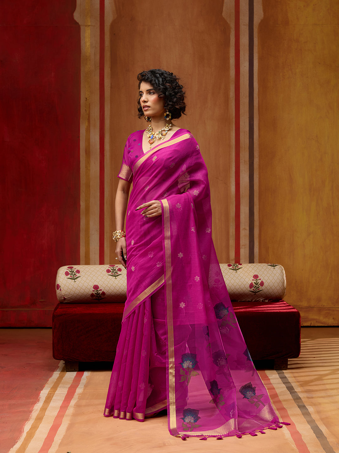 Spun Cotton Handloom Saree With Organza Meenakari Pallu & Zari Border