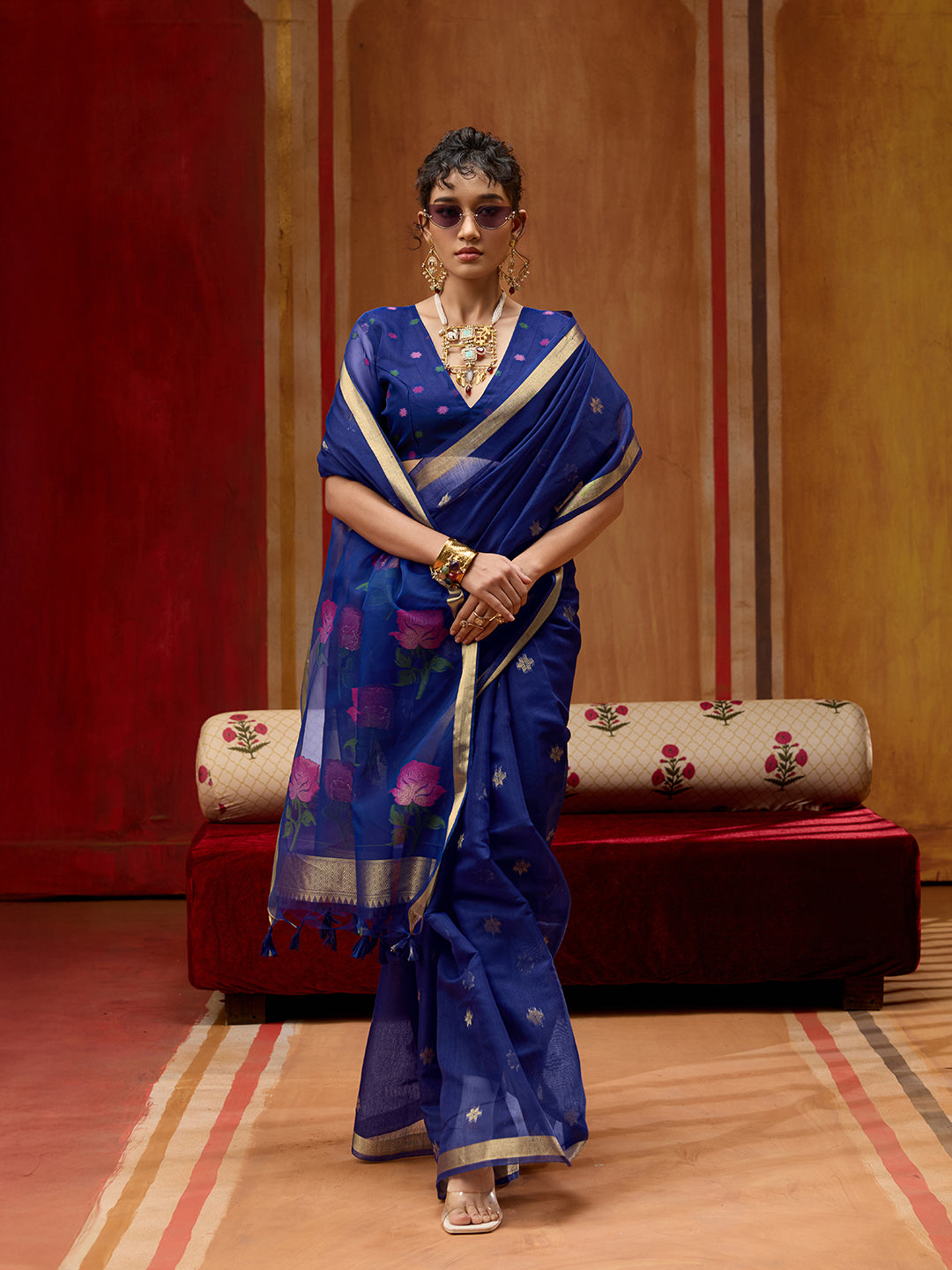 Spun Cotton Handloom Saree With Organza Meenakari Pallu & Zari Border