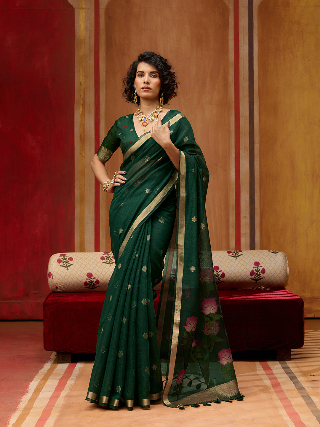 Spun Cotton Handloom Saree With Organza Meenakari Pallu & Zari Border