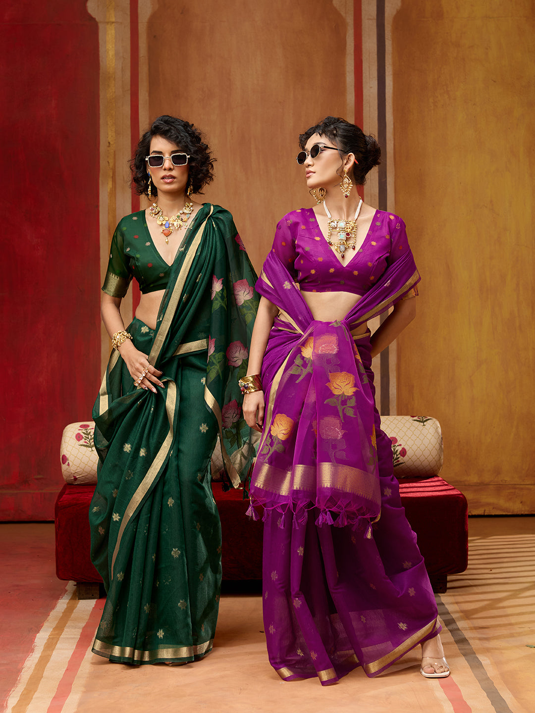 Spun Cotton Handloom Saree With Organza Meenakari Pallu & Zari Border