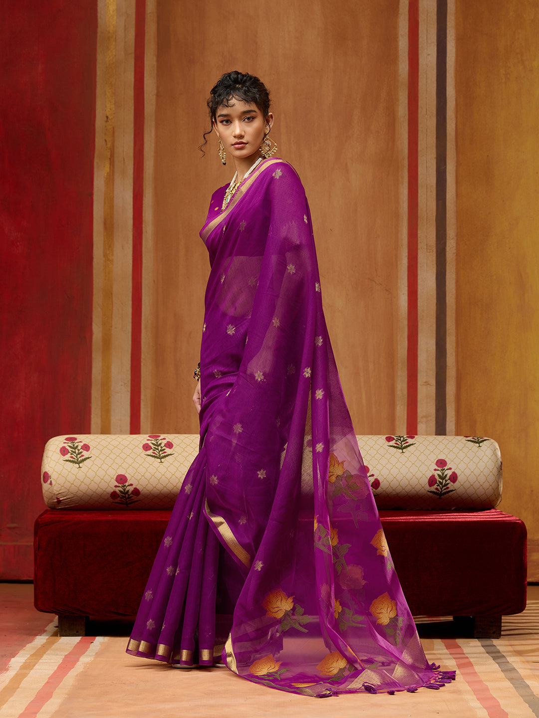 Spun Cotton Handloom Saree With Organza Meenakari Pallu & Zari Border