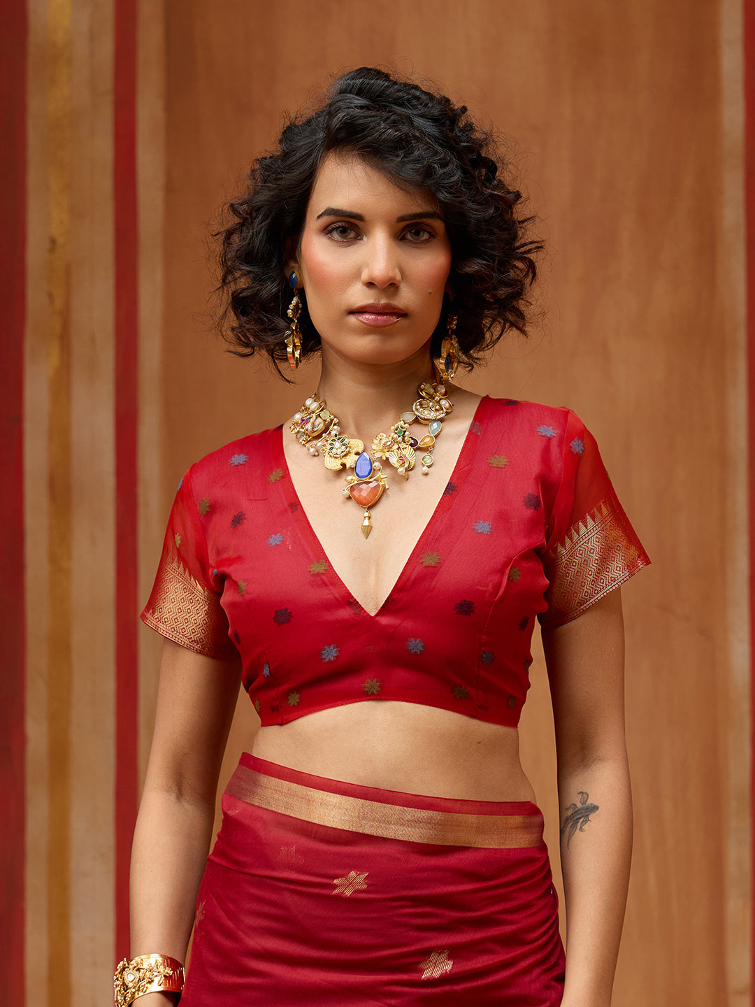 Spun Cotton Handloom Saree With Organza Meenakari Pallu & Zari Border
