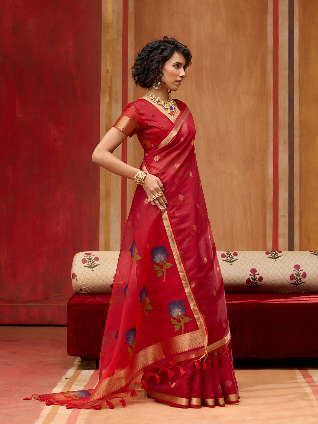 Spun Cotton Handloom Saree With Organza Meenakari Pallu & Zari Border