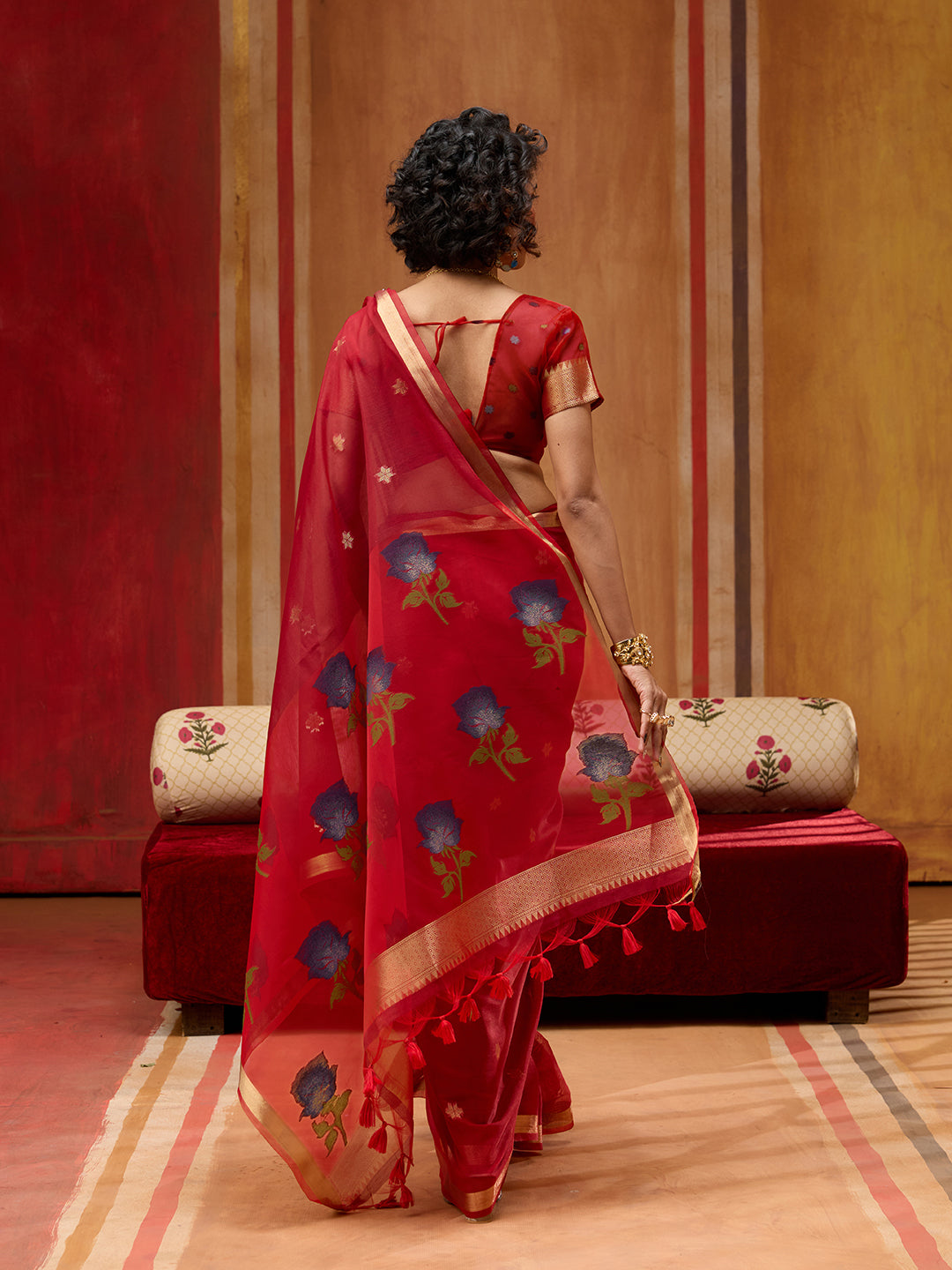 Spun Cotton Handloom Saree With Organza Meenakari Pallu & Zari Border